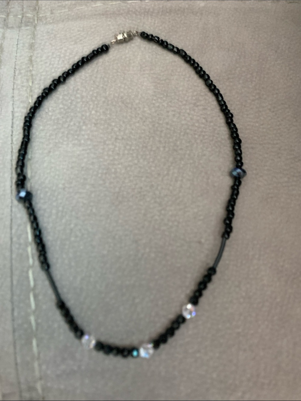 Hand Crafted Black Beaded Necklace with Clear Crystal Accents